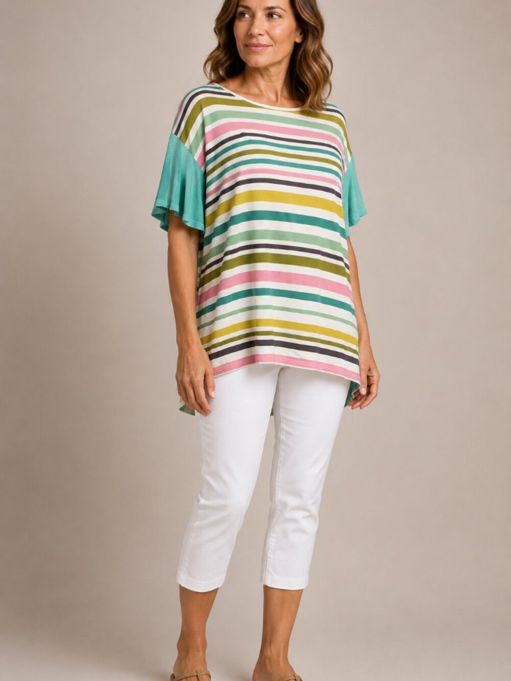 e.Luna Multicolor Striped Ruffle Sleeve Top Size S